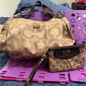 Coach Beige and Brown Signature Shoulder Bag and Wristlet set